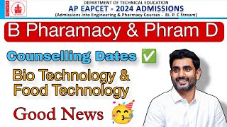 AP Pharamacy Counselling dates  Food Technology amp Bio Technology latest updates  AP Bipc update [upl. by Nnylarac574]