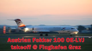 Austrian Fokker 100 sunrise takeoff  Flughafen Graz  OELVJ [upl. by Noirod22]