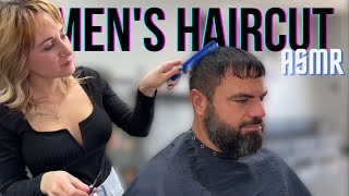 Men’s ASMR Haircut  Lady Barber Ashlee [upl. by Akvir]