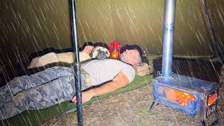 Hot Tent Rain Camping in Storm  Solo Camping in Heavy Rain and Rainstorm [upl. by Rayner]