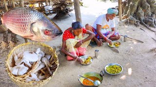 ROHU FISH CURRY with BRINJAL and wild mashroom fry cooking and eating by our grandmaa [upl. by Jacqui]