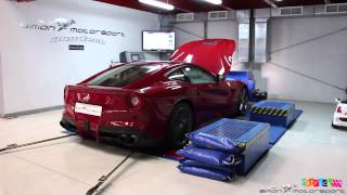 Ferrari F12 Berlinetta with full IPE F1 Exhaust on dyno at SimonMotorSport Dubai [upl. by Eilasor7]