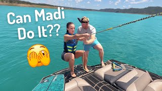 Teaching Madi to Surf Behind a Boat  Beginner Wakesurfing [upl. by Gustin]