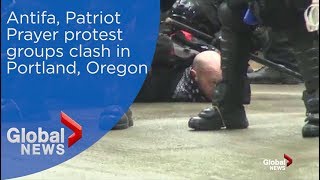 Antifa Patriot Prayer protest groups clash in Portland Oregon [upl. by Arney]