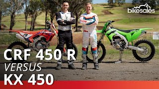 Honda CRF450R v Kawasaki KX450 2023 Comparison [upl. by Shelba]