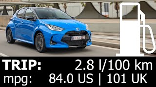 Toyota Yaris Hybrid 130 HP trip with fuel consumption economy test urban city mpg l100 km HEV 2024 [upl. by Adnahsed]