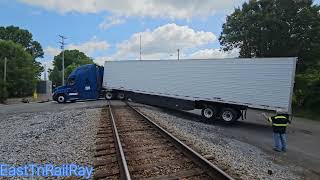 Semi bottoms out on RR crossing NS 288 gets stopped before impact [upl. by Llebana]