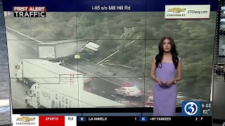 Jackknifed tractor trailer snarls traffic on I91 in Fairfield [upl. by Sifan]