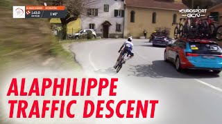 traffic skills descent Julian Alaphilippe pursues the peloton Milano San Remo 2023 eurosport [upl. by Ahsiatal]