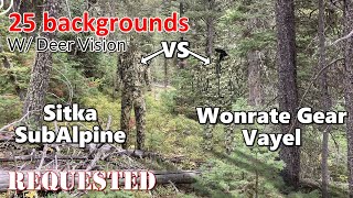 Sitka SubAlpine Vs Wonrate Gear Vayel hunting camo in Human and Deer Vision on 25 Backgrounds [upl. by Elnukeda]