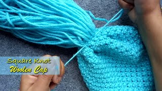 Square Knot Pattern Cap Design for Kids amp Ladies  Finger Knitting Woolen Cap Easy DIY Tutorial [upl. by Simona204]