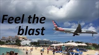 Crazy low plane landing over Maho beach at St Martins airport St Maarten island [upl. by Nirroc]