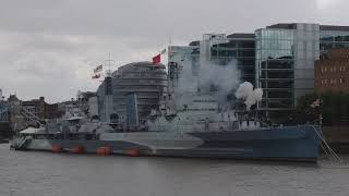 HMS Belfasts 6quot Guns Firing to Mark the 75th Anniversary of D Day 6 June 2019 [upl. by Prudhoe]