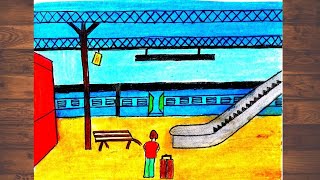 How to draw the scene of railway station easy step by step Oil pastel drawing of railway station [upl. by Annuaerb]