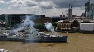 HMS Belfast simulates the firing of the vessel’s guns to mark the 80th anniversary of DDay [upl. by Maloy]