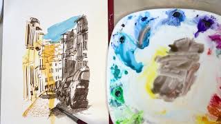 Travel sketching with fountain pens and watercolor Porto street scene [upl. by Eirruc]