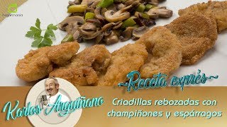 Receta de criadillas rebozadas con champiñones y espárragos salteados [upl. by Aseeram]