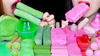 ASMR PINK  GREEN DESSERTS ICE CREAM BARS MOCHI JELLY MACARON KITKAT BUBBLY CHOCOLATE CONES 먹방 [upl. by Bat]