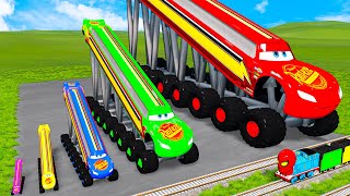 Big amp Small Long amp Tall Lightning Mcqueen with Monster Truck Wheels vs Trains  BeamNGDrive [upl. by Alysa27]