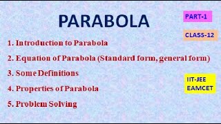 PARABOLA PART1  STANDARDampGENERAL FORMS  SOME DEFINITIONS  PROPERTIES  IITJEE EAMCETCLASS12 [upl. by Tonkin]