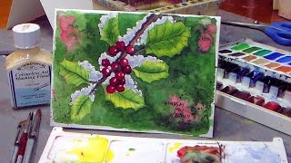 How To Paint Holly in Watercolor Christmas Card Idea [upl. by Helsie413]