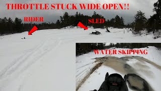 SNOWMOBILE DITCH BANGING WATER SKIPPING JUMPS  THROTTLE STUCK WIDE OPEN [upl. by Lion]