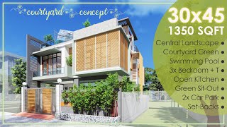 30X45 Feet  1350 sqft House with Certral Landscape Courtyard  150 Gaj  9X137 Mtr House  ID104 [upl. by Brittni]