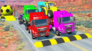 Double Flatbed Trailer Truck vs Speedbumps Train vs Cars  Tractor vs Train BeamngDrive 06 [upl. by Stortz]