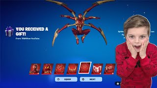 My 10 Year Old Kid Reaction To Me Gifting Him NEW Marvel Fortnite Skin Unlocking IRON SPIDER Bundle [upl. by Nic]