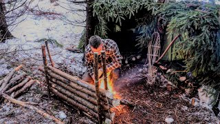 Snow Bushcraft Winter Overnighter in Double Leanto Survival Shelter [upl. by Constantine300]