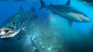 Hunting barracudas in shark infested waters😱😱spearfishing barracuda reefshark [upl. by Nylanej]