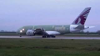 Qatar Airways A380 2 A7APB  First Flight Landing Hamburg Finkenwerder [upl. by Templas]