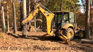 Cat 420F2 Clearing Trees with a Ripper Tooth and PSM Tilt Coupler [upl. by Legnaesoj499]