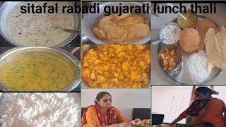 sitafal rabadi Bataka nu shaak puri Moongdal dal fry and Rice full lunch gujarati thali [upl. by Ivgnout]