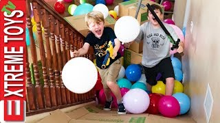 Moving Day Madness Cardboard Box Balloon Slide Nerf Blast [upl. by Ollehcram691]