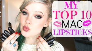 MY TOP 10 MAC LIPSTICKS  LIP SWATCHES  ImMalloryBrooke [upl. by Jahdal]