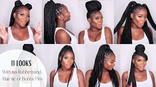 HOW TO  STYLE MEDIUM KNOTLESS BRAIDS WITH NO HAIR ACCESSORIES  Protective Styles [upl. by Carlynn]