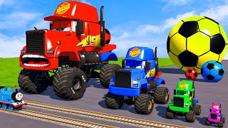 4 MONSTER TRUCKS vs Big amp Small Long Mack Truck with Ball vs Train Thomas  BeamNGDrive [upl. by Locke368]