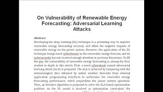 On Vulnerability of Renewable Energy Forecasting Adversarial Learning Attacks [upl. by Sibyl]