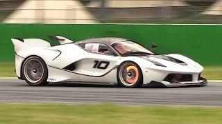 Ferrari FXX K In Action at Monza for the First Time  Downshifts Flames Glowing Brakes More [upl. by Aerdnaed222]