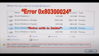 How to fix Error 0x80300024 when Installing windows 11 or 10  2023  Hindi [upl. by Duntson]