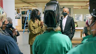 Watch President and Mrs Obamas surprise visit to Chicago Women In Trades [upl. by Ylrevaw]