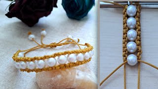 DIY Macrame Bracelet Alternating Half Hitch Knot With White Pearl Beads  Macrame Bracelet [upl. by Nedlog]