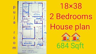 18×38 2 BHK house design 18×38 house plan  684 Sqft ghar ka naksha 🏠 Pooja room [upl. by Shu]