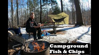 Hammocking Solo at the Campground  Campfire Fish amp Chips and Late Rain [upl. by Eilesor]