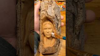 Female wood spirit carving in cottonwood bark woodcarving sculpture njart carvingart [upl. by Nerrot]