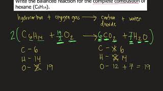 Write the balanced reaction for the complete combustion of hexane C6H14 [upl. by Guenevere978]