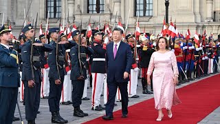 President Xi greeted by Perus Boluarte in Lima ready to open Chinabuilt Chancay port [upl. by Annahael]