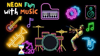 Neon Fun With Music Instruments  Bright Neon Objects With Jazz Music watotosensory babysensory [upl. by Acir397]