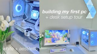 building my first gaming pc  aesthetic white build and desk  setup tour [upl. by Jorey]